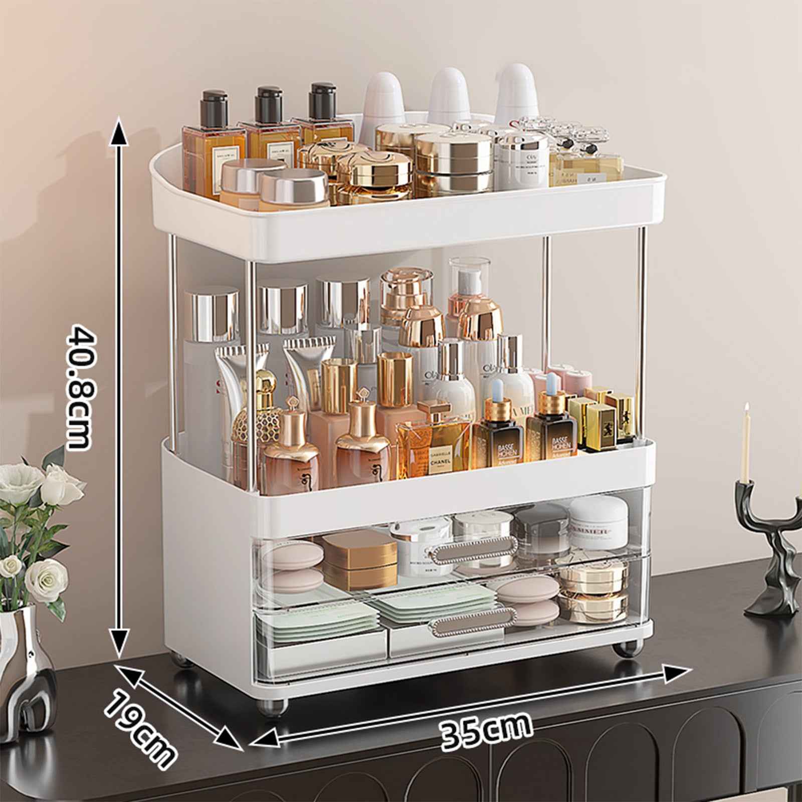 2 Drawers Makeup Organizer - 4 Tier Bathroom Organizers And Storage, Versatile Perfume Vanity Organizer, Ideal For Cosmetic, Large Skincare, Face Mask, Office Supplies